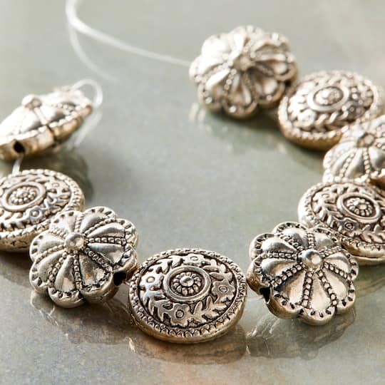 12 Pack: Silver Plated Flower Scroll Lentil Beads, 14mm by Bead Landing™